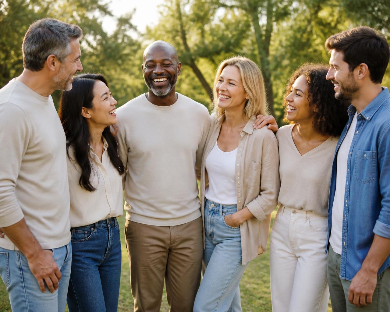 Grupo diverso de amigos abraçados ao ar livre, representando comunidade e proteção em conjunto