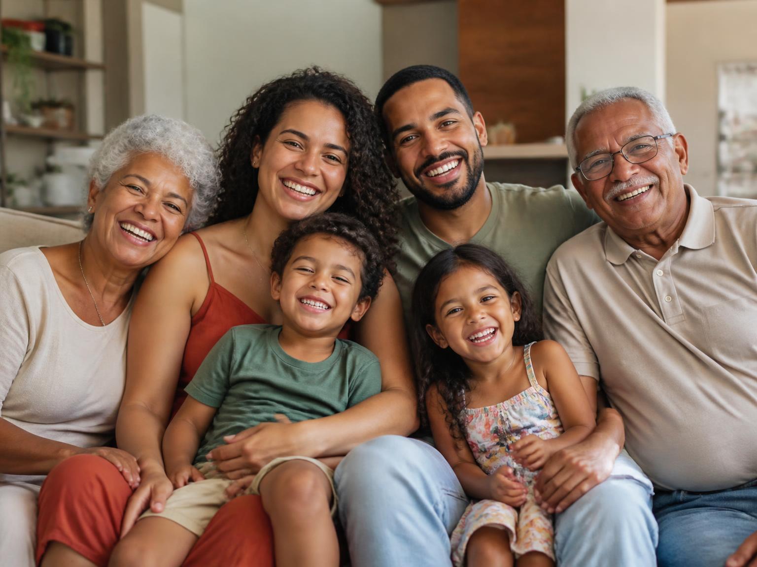 Família de diferentes gerações reunida em casa, sorrindo e abraçada no sofá